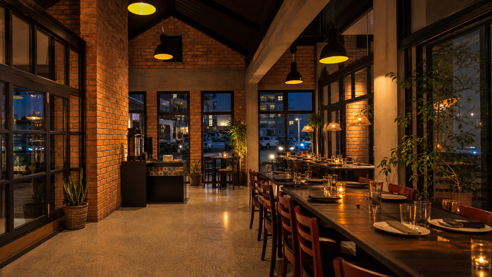 The warm brick and black steel interior at La Leona