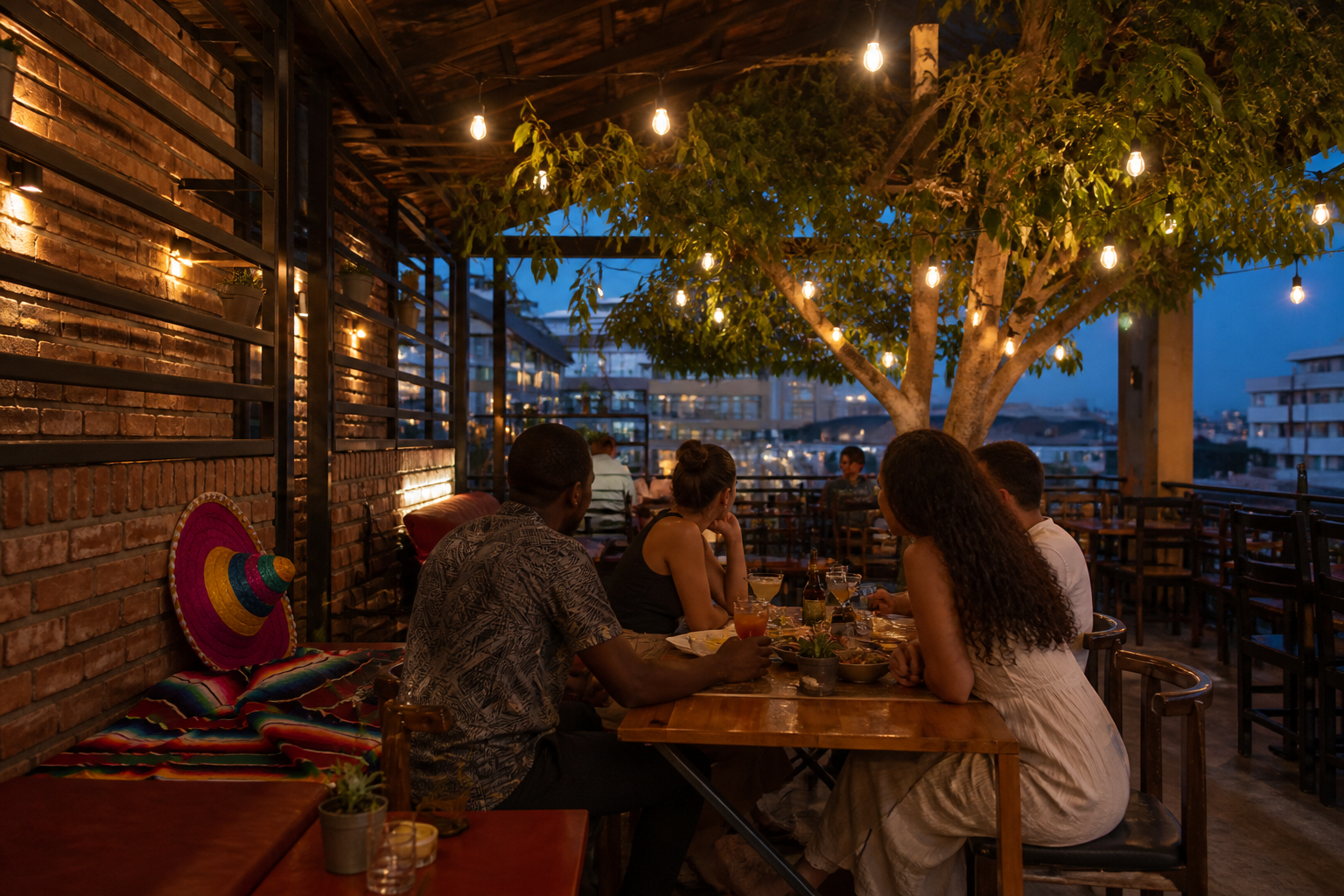 La Leona patio at blue hour