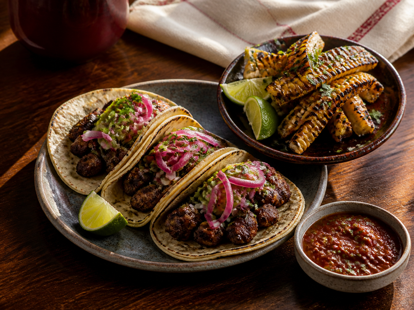 Tacos, corn ribs and lime on a restaurant table